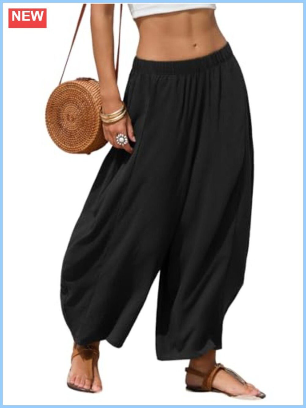 EXLURA Women's Faux Linen Wide Leg Flowy Palazzo Pants Casual Elastic Waist